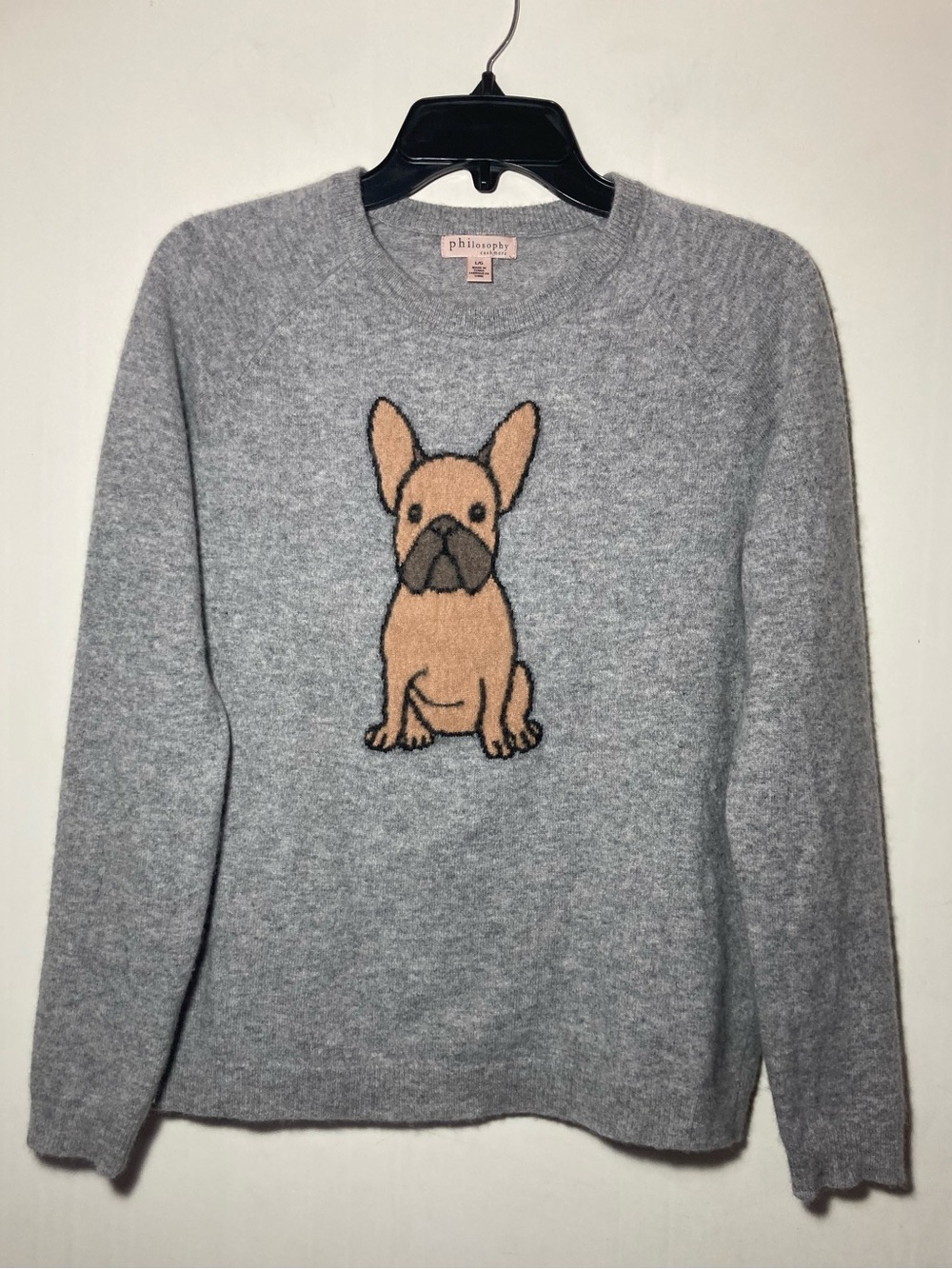 Philosophy Cashmere French Bulldog Intarsia Sweater Ribbed Trim Size Large
